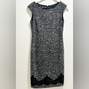 ESSCADA 10/40 TWEED  WOOL COTTON POLY BLEND BOUCLE LACE BLACK WHITE SHEATH DRESS